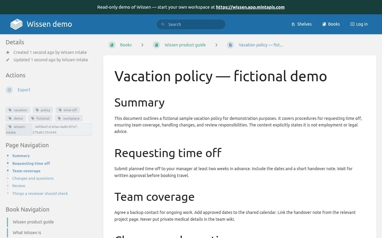 Published Vacation policy demo page in BookStack with its summary and review checklist