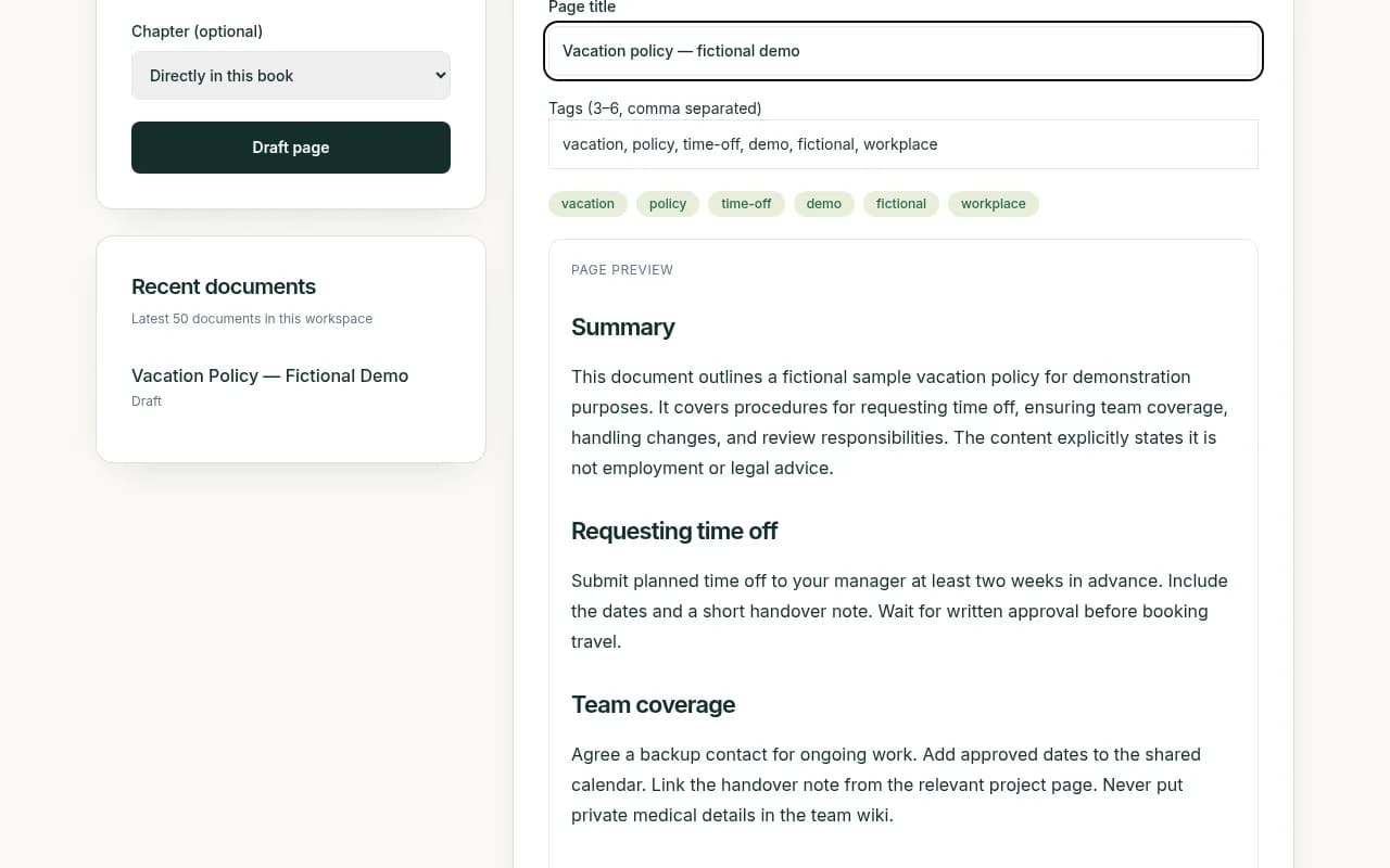 Real document intake review showing a vacation policy draft, tags and page preview