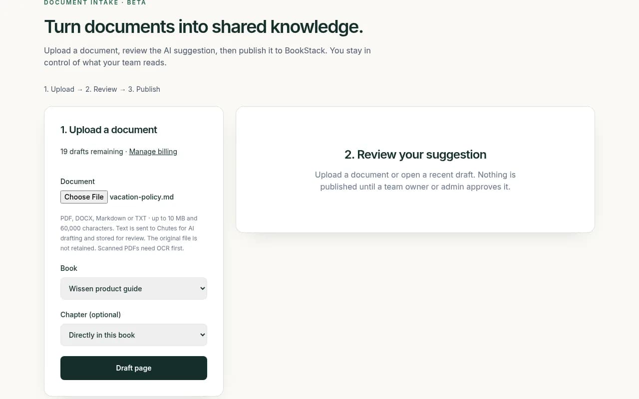 Document intake upload form with vacation-policy.md selected and a destination book